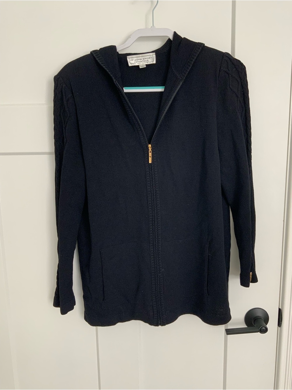 St John Sport Essential Marie Gray Zip Hoodie Women S Navy Blue Knit Sweater
